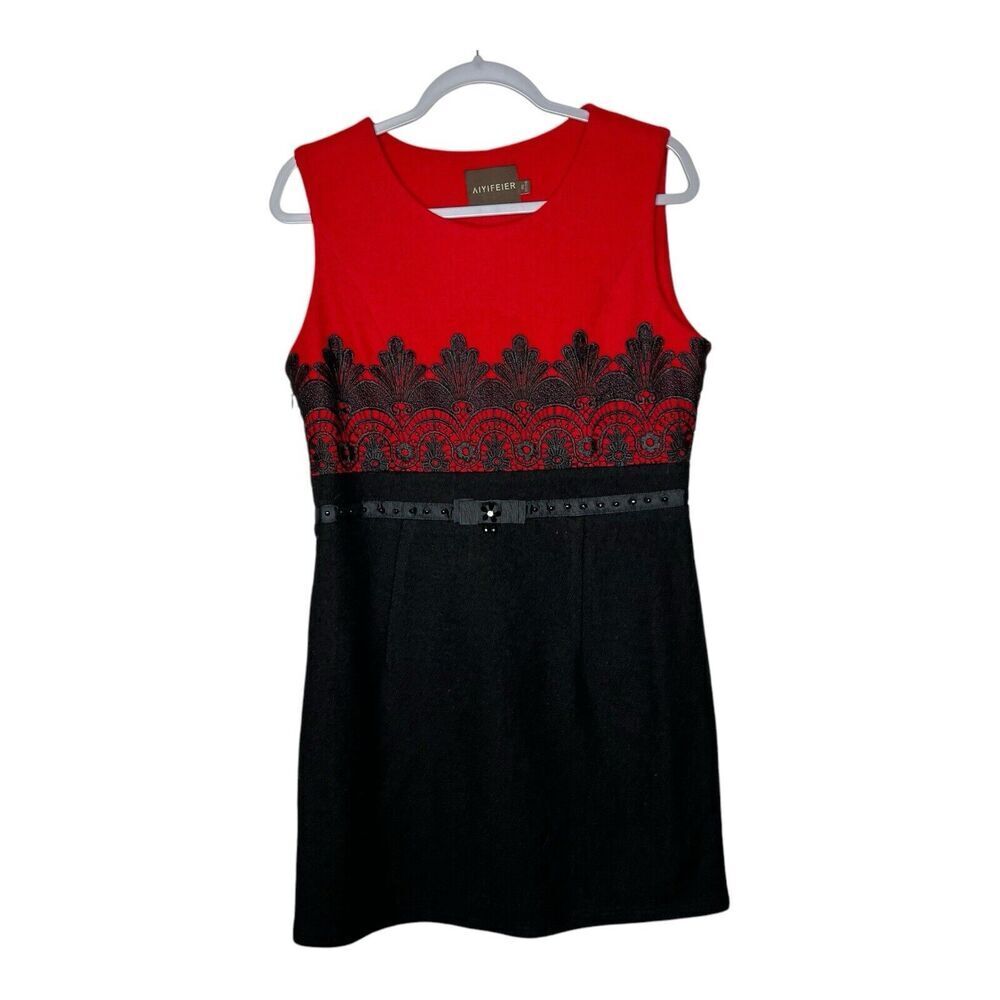 Aiyifeier Dress Womens XXL Wool‎ Blend Embroidered Red Lace Belted Holiday Beads